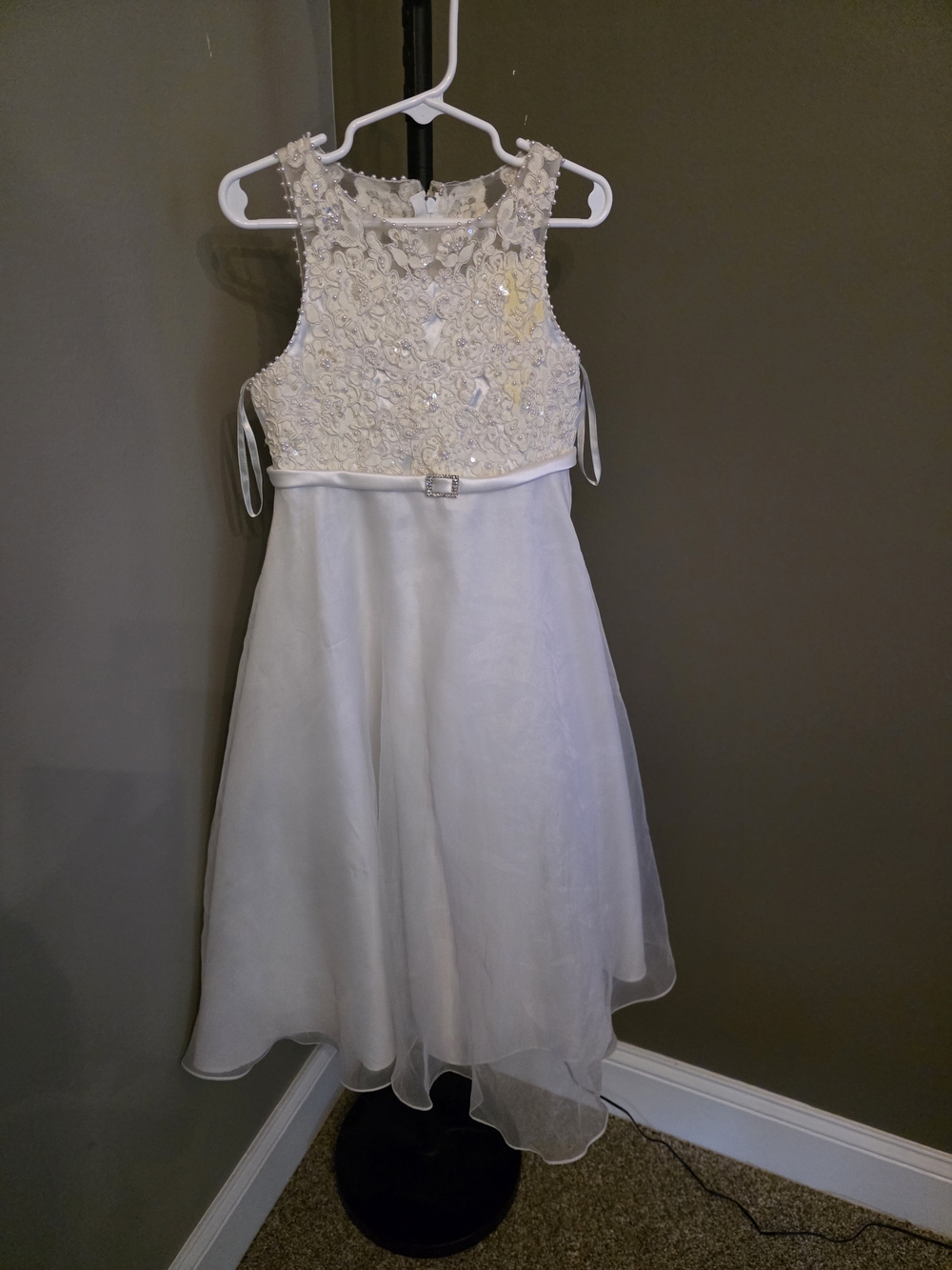 David's Bridal Ivory Beaded A-Line Flower Girl Dress with Bow
